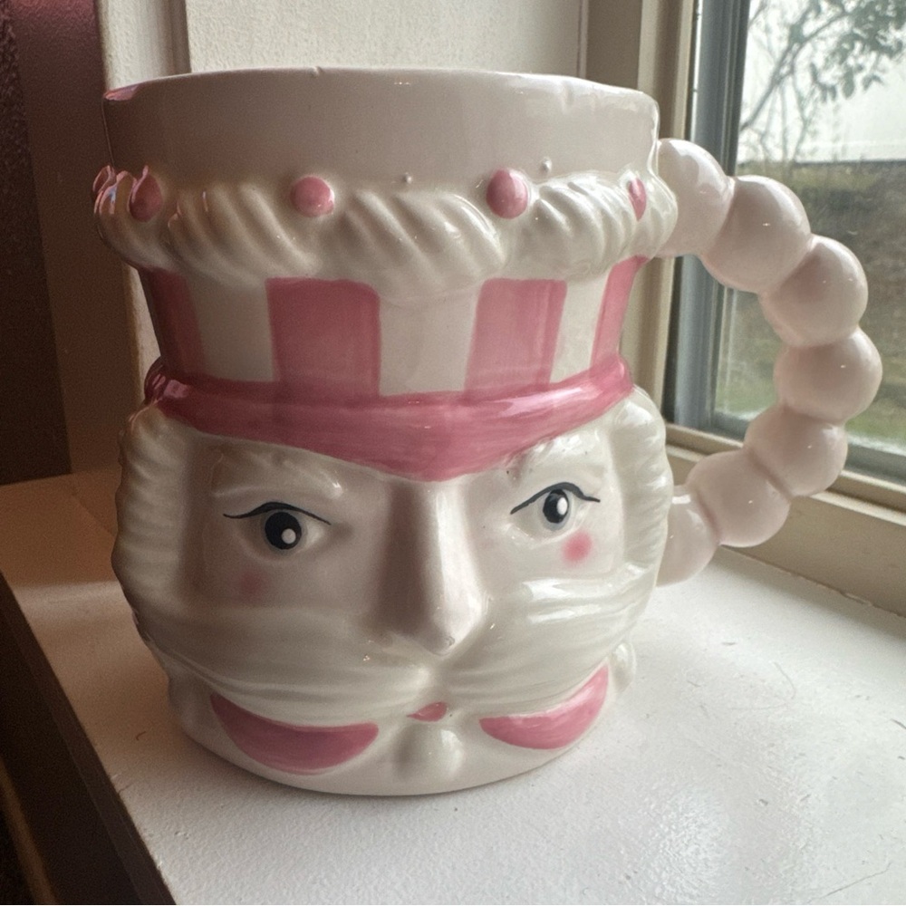 Peppermint & Pine Pink White Nutcracker Coffee Mug Ceramic Bubble Handle 20 oz